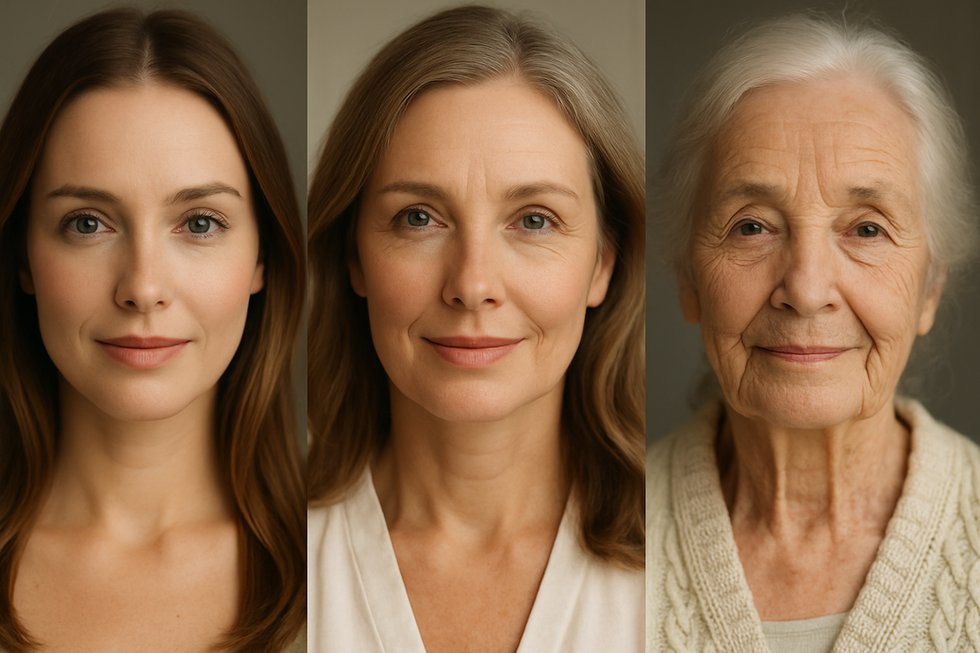 Collage fotografico che mostra il volto di una donna nelle tre fasi della vita: giovane, adulta e anziana, simbolo dell’invecchiamento naturale e consapevole