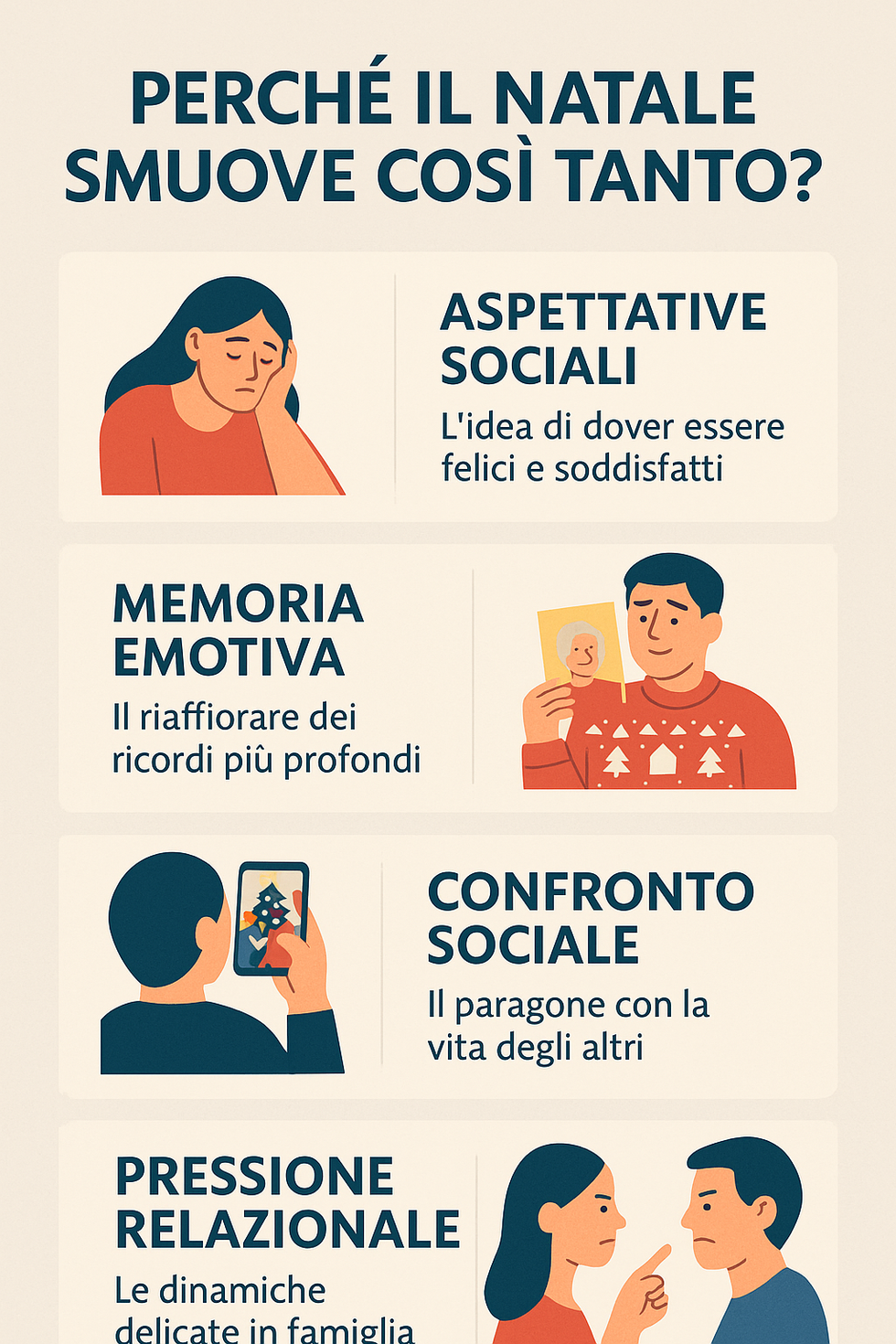 Infografica in italiano che spiega perché il Natale amplifica le emozioni: aspettative sociali, memoria emotiva, confronto e pressione relazionale.