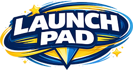 A logo for Launch Pad Trampoline Park in Morgantown West Virginia featuring bright yellows and blues