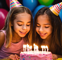 two young girls blowing out birthday candles at a birthday party at a trampoline park.