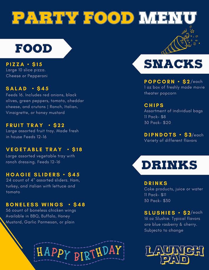 A food menu for a snack bar at an indoor trampoline park in Morgantown, WV