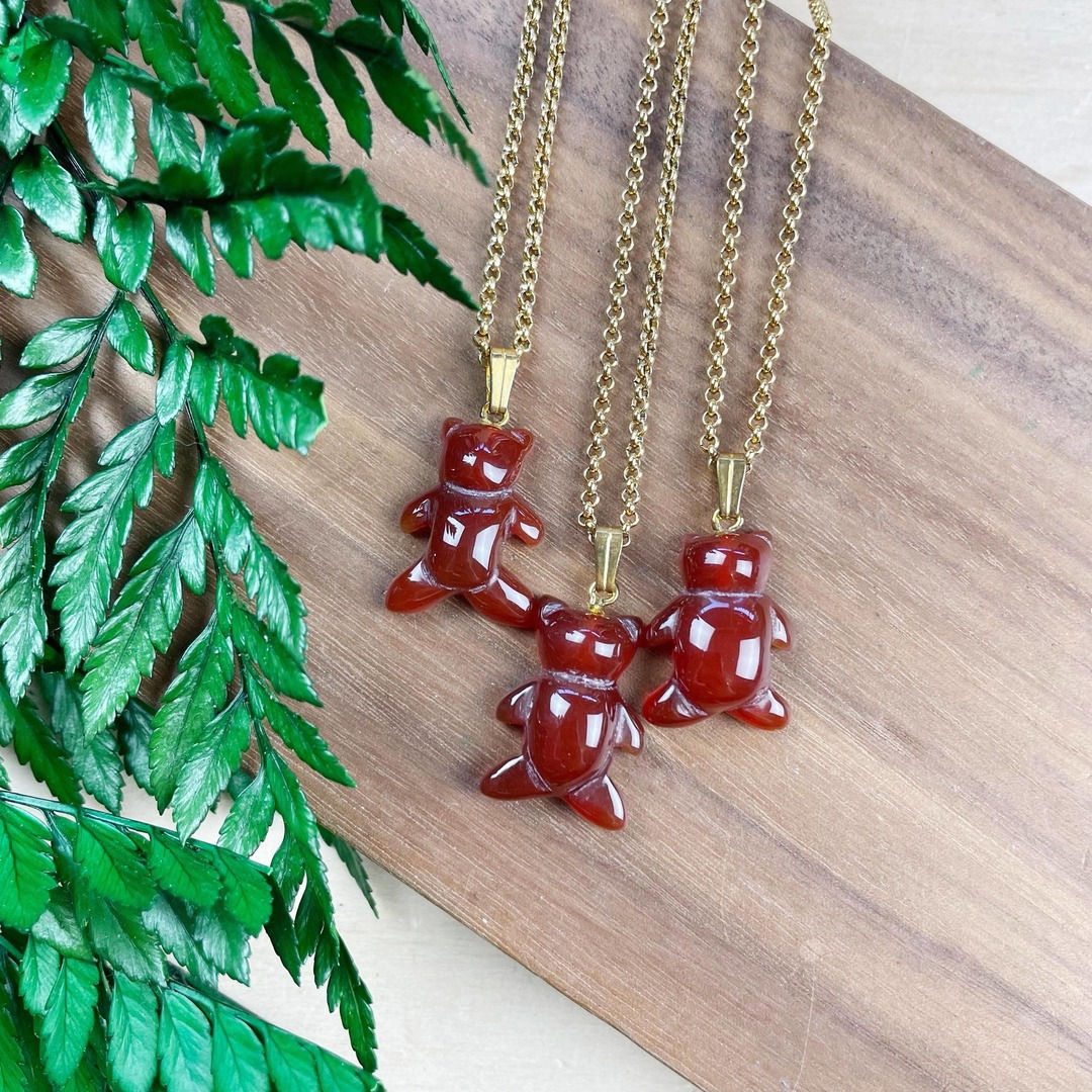 Gold Carnelian Teddy Bear Necklace