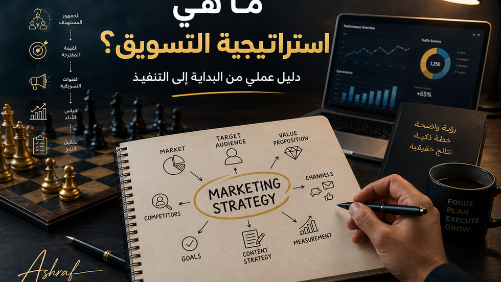 في هذا الدليل سنفهم معنى استراتيجية التسويق، أهميتها، عناصرها، الفرق بينها وبين الخطة التسويقية، وكيف يمكنك بناء استراتيجية تسويق عملية من البداية وحتى التنفيذ.