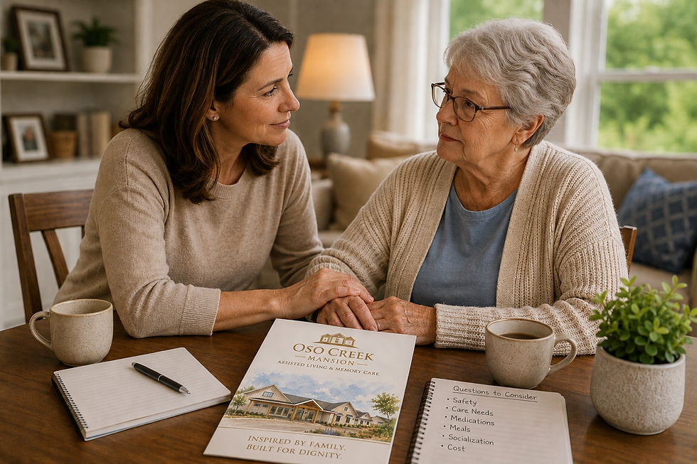 Family discussing boutique assisted living and memory care options while reviewing an Oso Creek Mansion brochure in Corpus Christi, Texas.