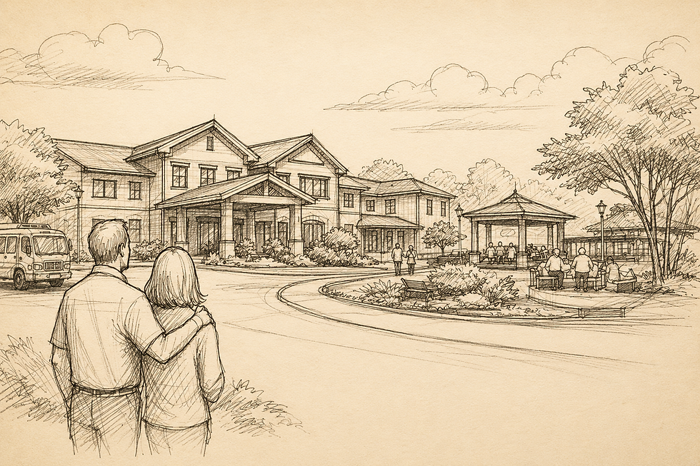 Concept sketch illustrating the vision for Oso Creek Mansion, a boutique assisted living and memory care community inspired by family, dignity, and personalized care.