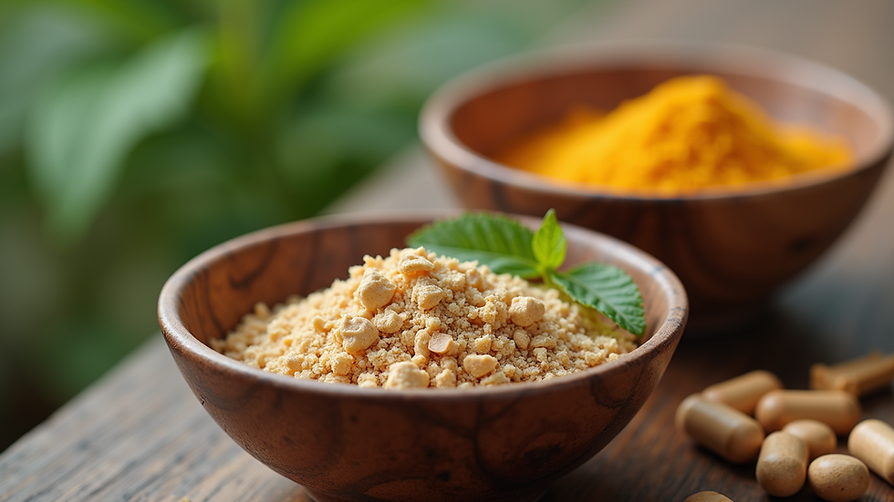 Eye-level view of various natural supplement ingredients in small bowls on a wooden table