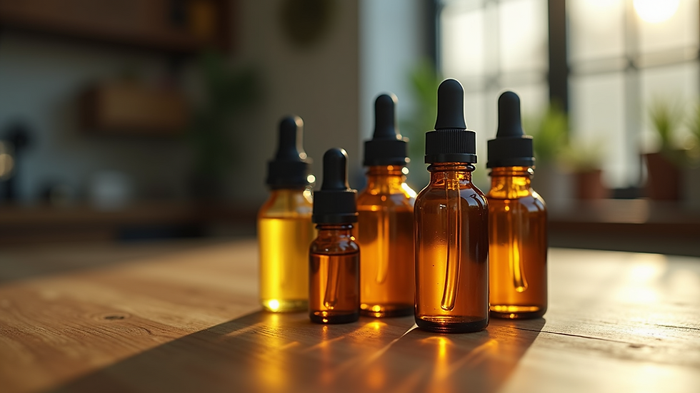 Close-up view of assorted cannabinoid oil bottles on a wooden table