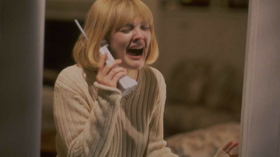 An image of Drew Barrymore in the 1996 movie Scream.