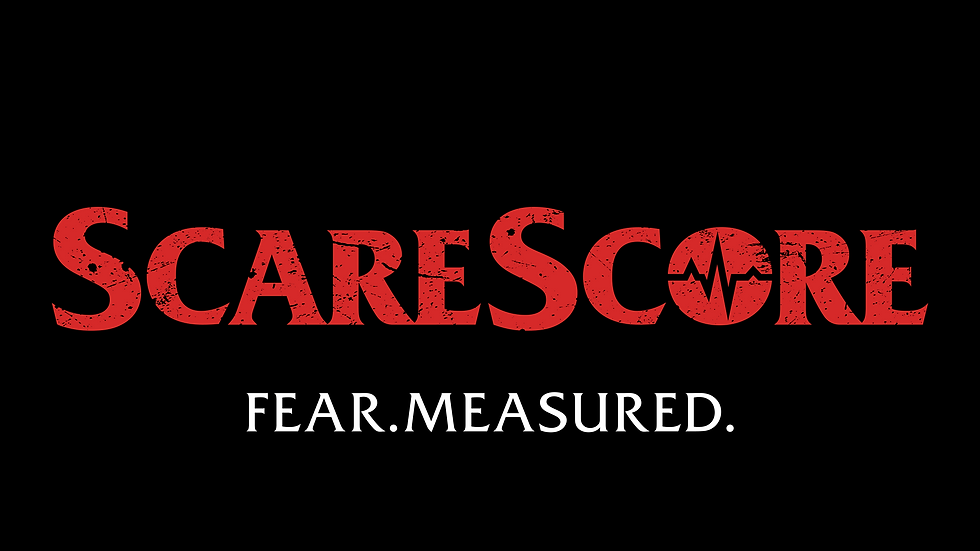 A logo promoting the company ScareScore, which is an app that measures and quantifies an audience's reaction to horror movies and location-based attractions. The logo has ScareScore in red letters, with the text Fear. Measured. underneath it.