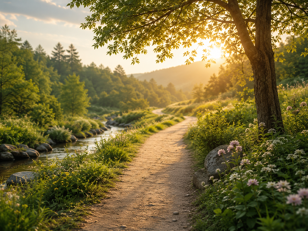 A peaceful path with sunlight, symbolizing healing and moving toward secure attachment.