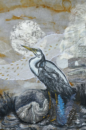 On the Grey West Wind is textile piece by Rachael Jane MacDonald. The piece depicts a lino block printed heron proudly perched in the centre of the work. The heron has landed amongst a breeze of golden and silver leaves. Textural hand- stitched and embroidered felt and silk show a house with a silver window and vintage lace. The piece features ferns and plants surroinding the heron.
