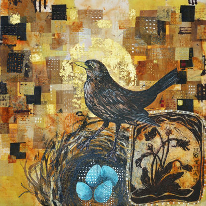 The Pearly Mothan is a textile artwork by Rachael Jane MacDonald featuring a lino block printed blackbird on silk with warm golden yellow, orange and brown patchwork squares of natural dyed fabric. The Blackbird is perched on a nest with eggs and a lino print of the Mothan or Butterwort plant is printed beside it. A golden sun shines in the background. 