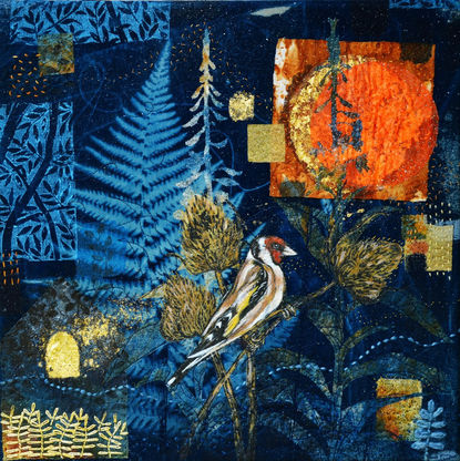 Red Moon Charm is a textile artwork by Rachael Jane MacDonald and features a lino blockprinted goldfinch bird perched on teasels surrounded by embroidered rosebay willowherb in front of a blood red and gold moon. Cyan blue and indigo blue natural dyed and cyanotype printed background with lino printed pale blue leaves. Hand embroidery, rust dye patches feature in the background.