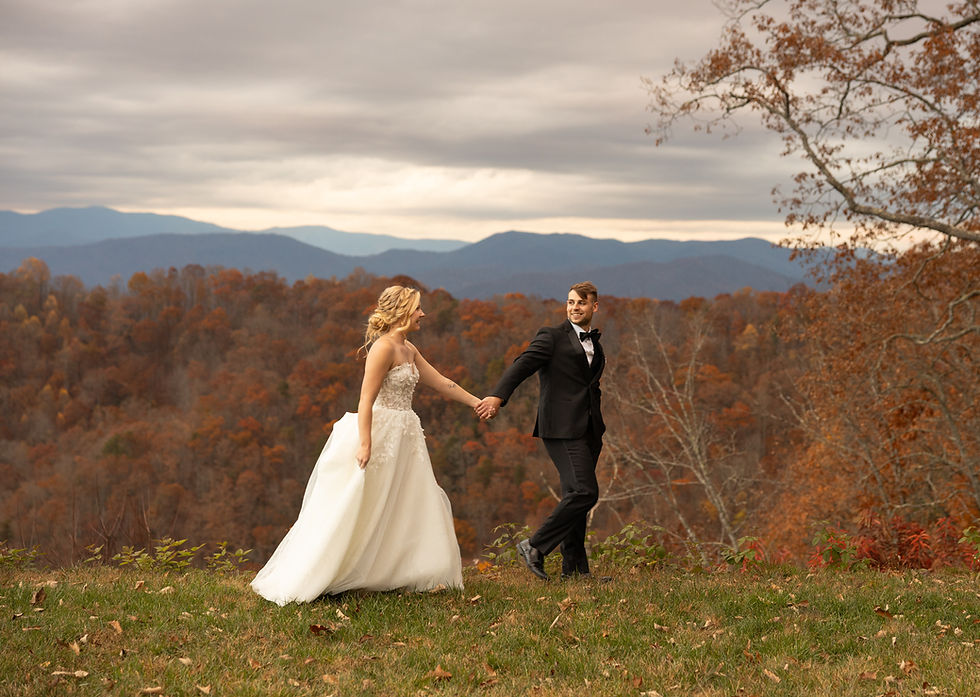 Scenic image of the bride and groom holding hands and walking in front of the mountains.