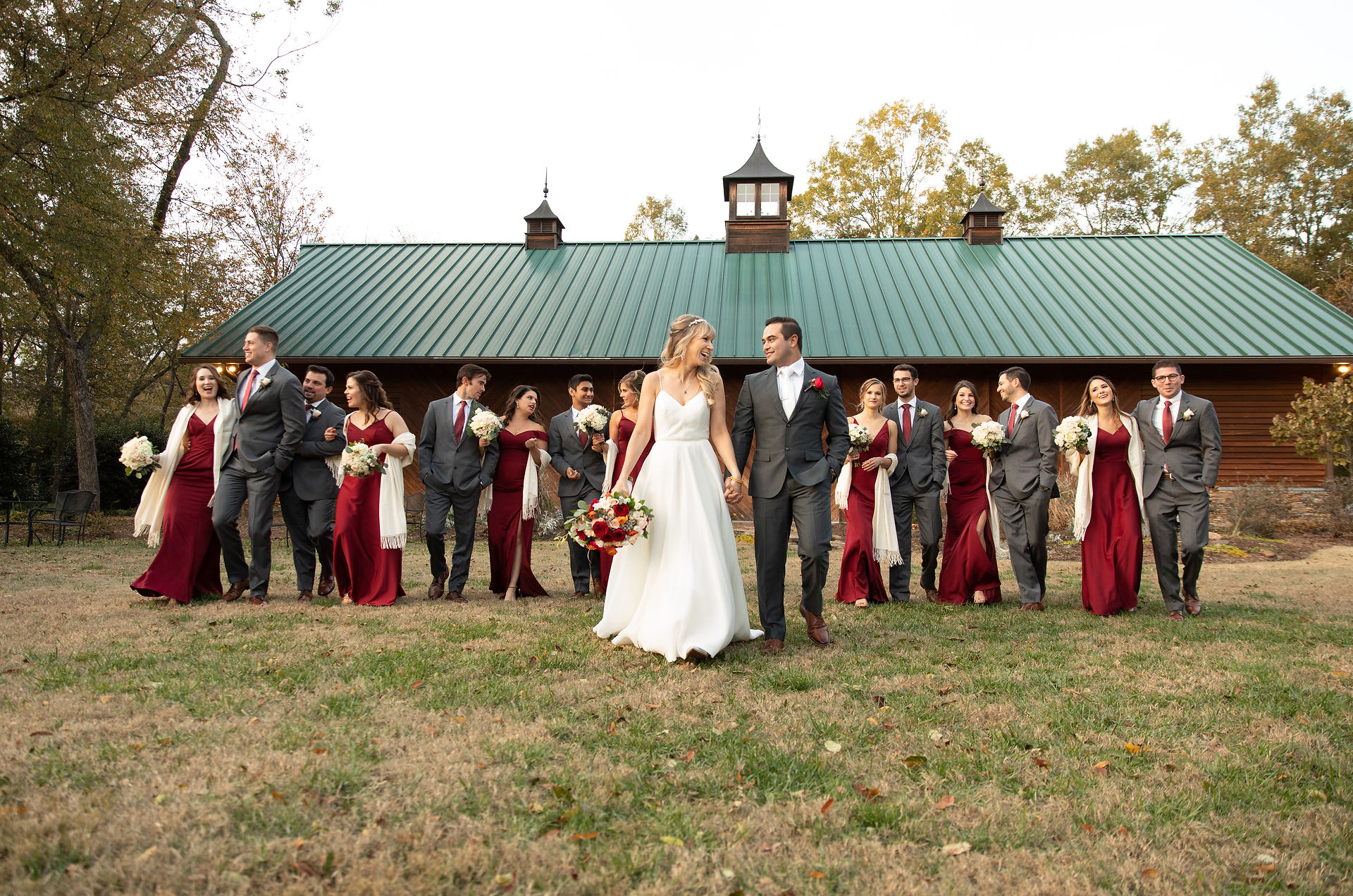 full wedding party walking together 