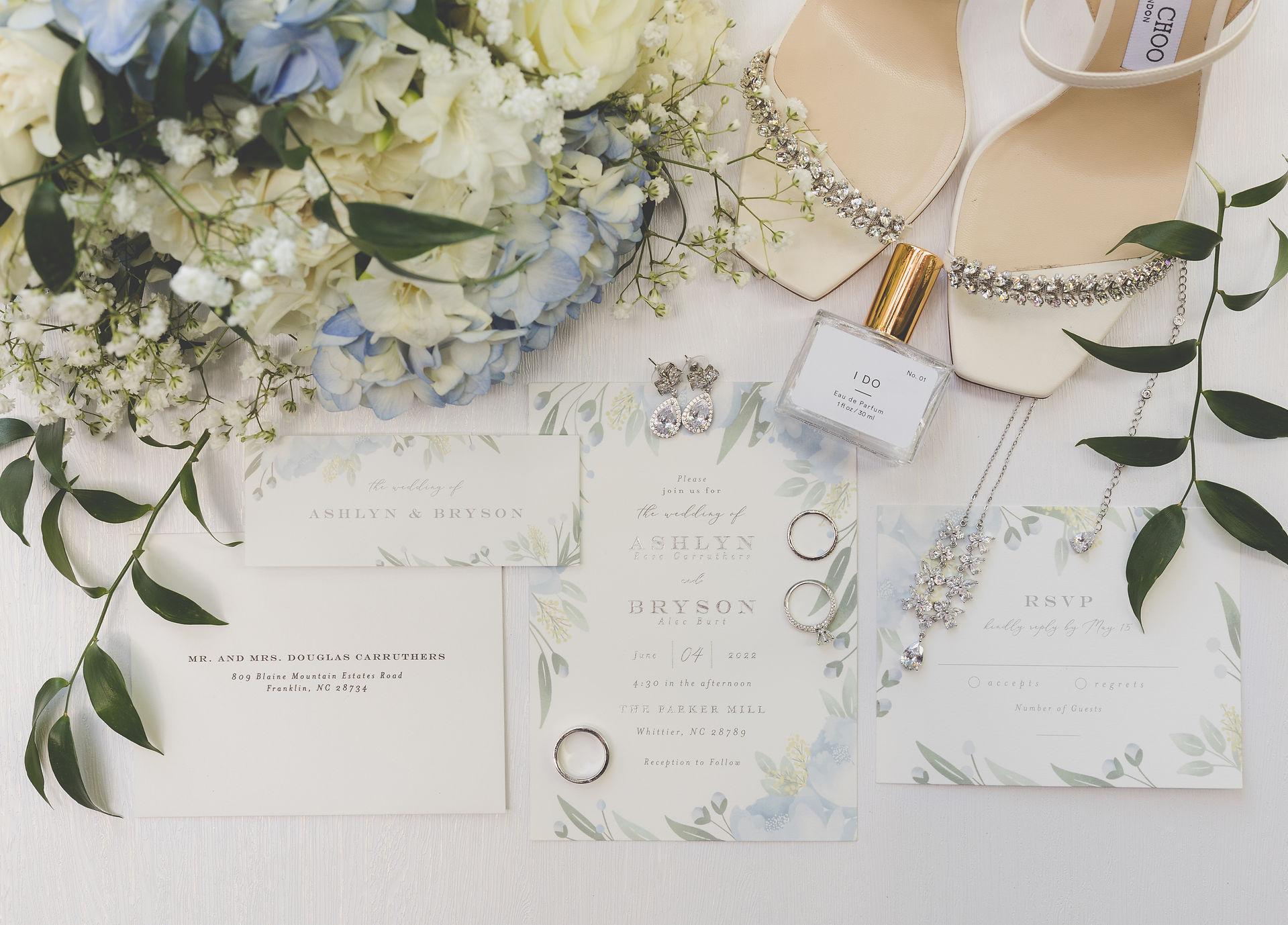 blue and white bridal details 