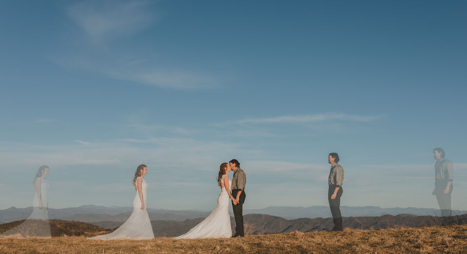 Bride and Groom Double Exposure on the Blue Ridge Parkway at Max Patch in North Carolina