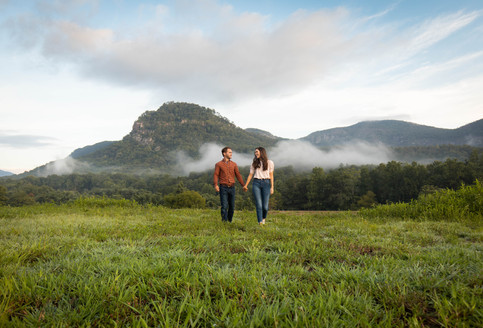 A couple holds hands and walks in front of the mountains.