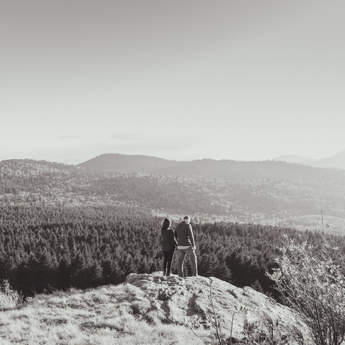 couple holding hands and looking out at a big mountain view 