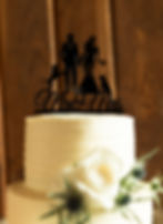cute cake topper of the bride and groom with their dogs