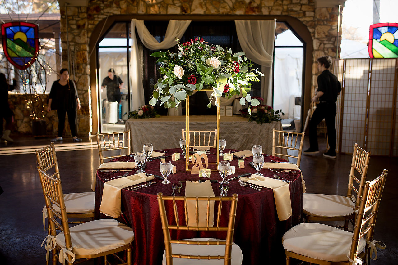 floral heavy tables in the reception space at crest center 