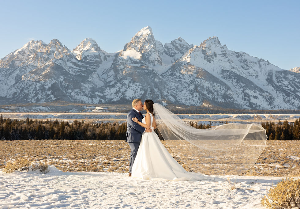Bride and groom embrace with snowy mountains as backdrop. Bride's veil flows in the wind. Bright, clear sky creates a serene mood.