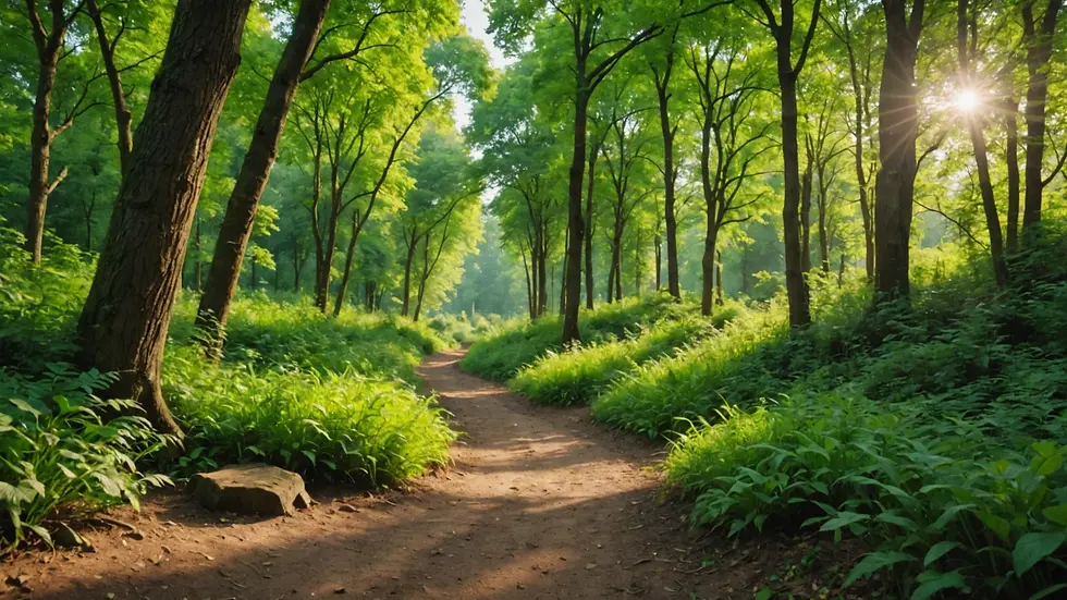 Close-up view of a nature trail surrounded by trees and greenery
