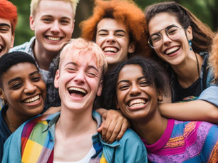 A neuroqueer group of eight friends smiling and hugging outdoors, wearing colorful clothes. Lush, green trees form the background, conveying joy.