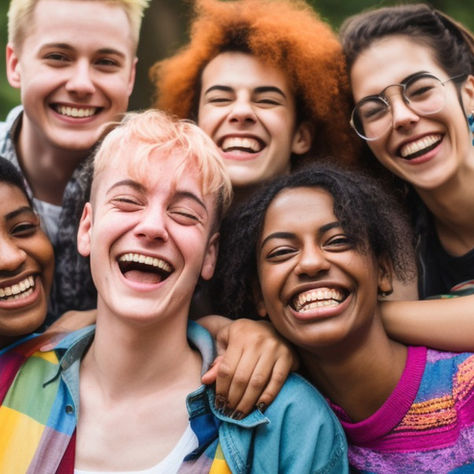 A neuroqueer group of eight friends smiling and hugging outdoors, wearing colorful clothes. Lush, green trees form the background, conveying joy.