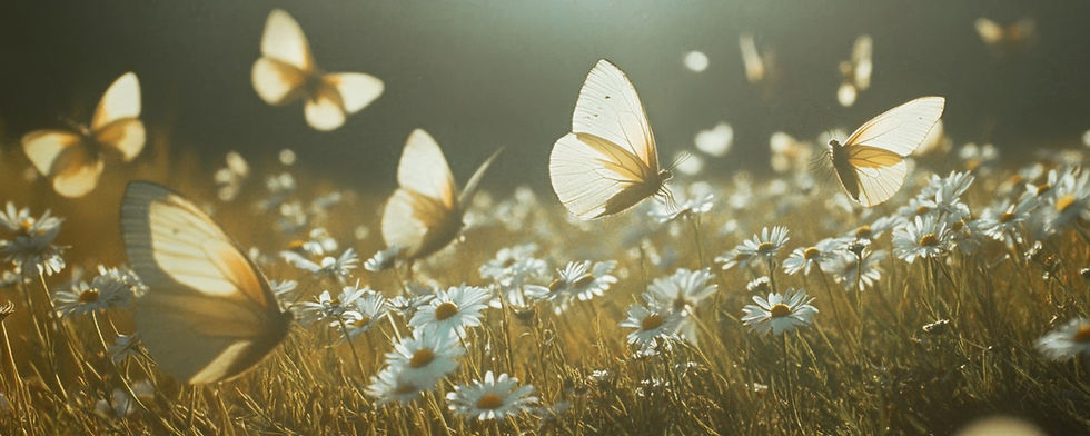 Butterflies gracefully fly over a meadow of white daisies in warm, golden light, creating a serene and ethereal scene.
