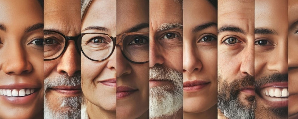 Close-up collage of diverse adult faces representing the broad spectrum of autistic identity and the individuality reflected in the identity-first language autism conversation.