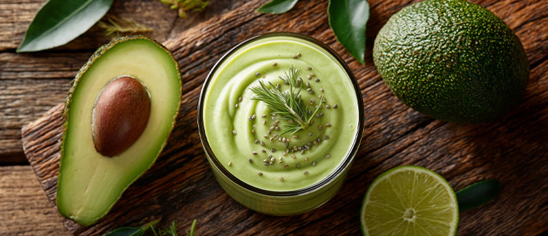 Green smoothie in a glass with chia seeds and herbs, half avocado, whole avocado, and lime on rustic wood background. Vibrant, fresh mood.