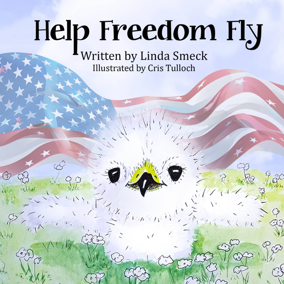 Freedom in a grassy field with an American flag from the children’s book Help Freedom Fly by Linda Smeck.