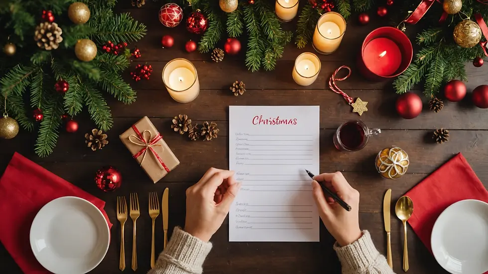 High angle view of a colorful Christmas scavenger hunt list on a festive table