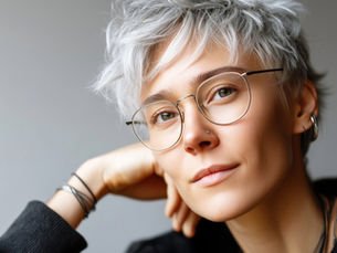 Neuroqueer person with short white hair and glasses resting chin on hand, wearing a black hoodie. Neutral expression, gray background.