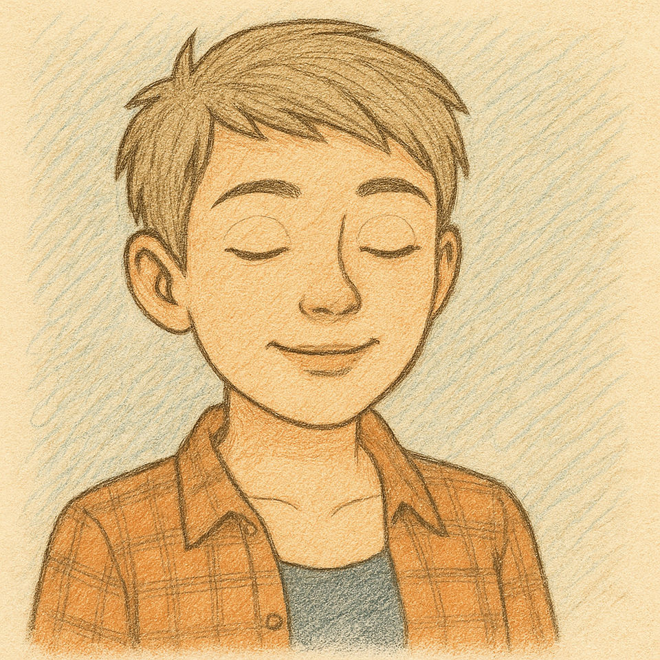 Illustrated portrait of Autistic Elle, eyes closed, wearing a plaid shirt, showing a peaceful and relaxed expression.
