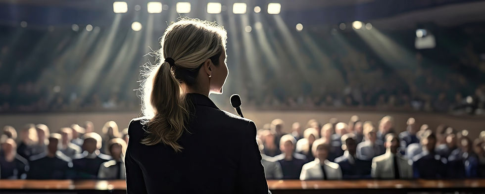 A woman with a ponytail speaks at a podium in a dimly lit auditorium, facing a blurred audience under bright stage lights.