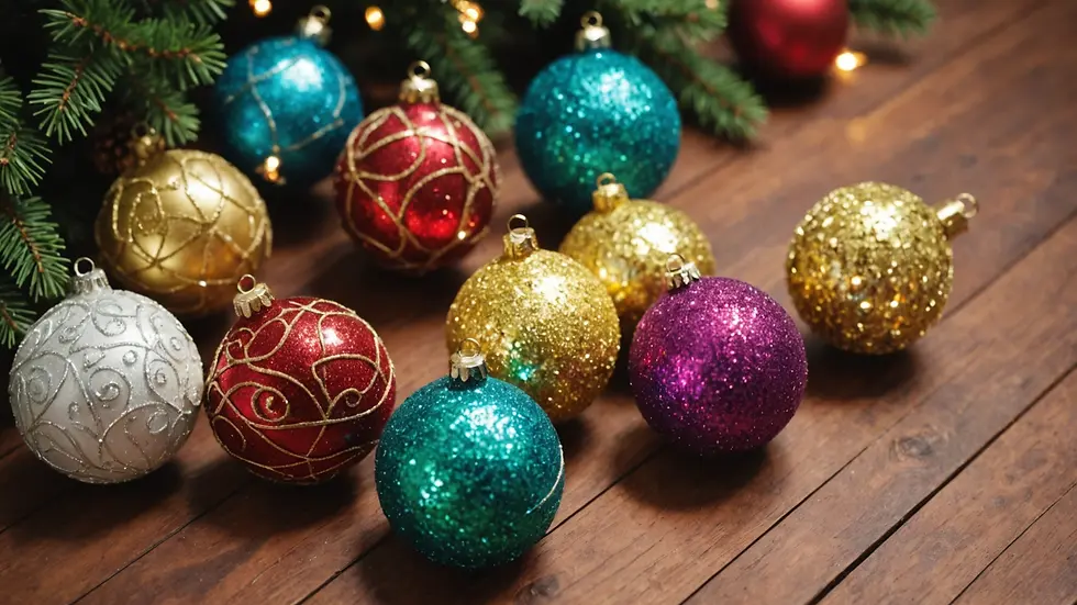 Close-up view of colorful DIY Christmas ornaments with glitter on a wooden table