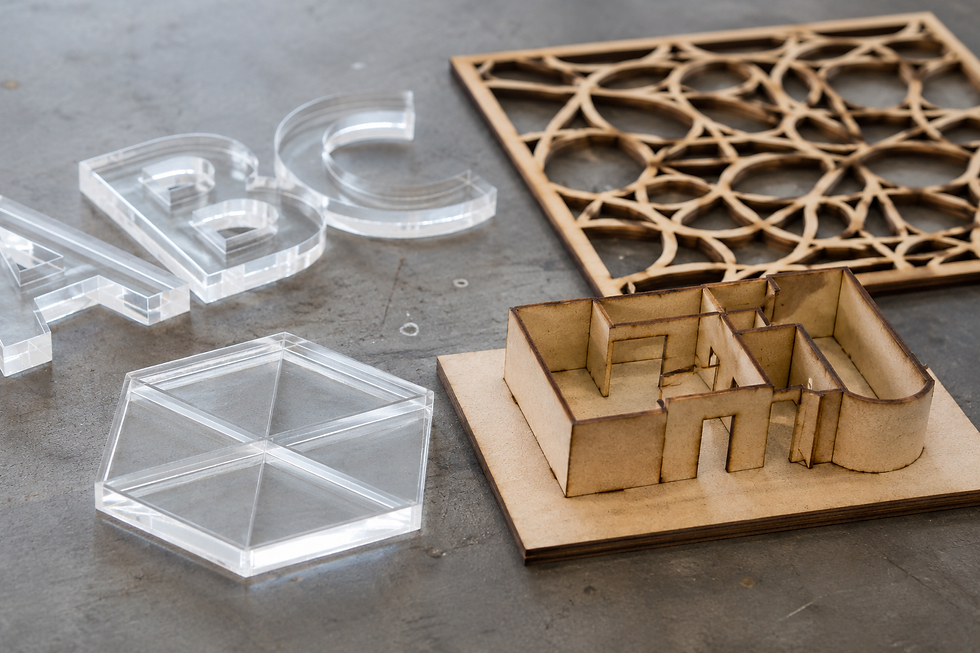 Laser cut acrylic letters, geometric shapes and MDF model samples