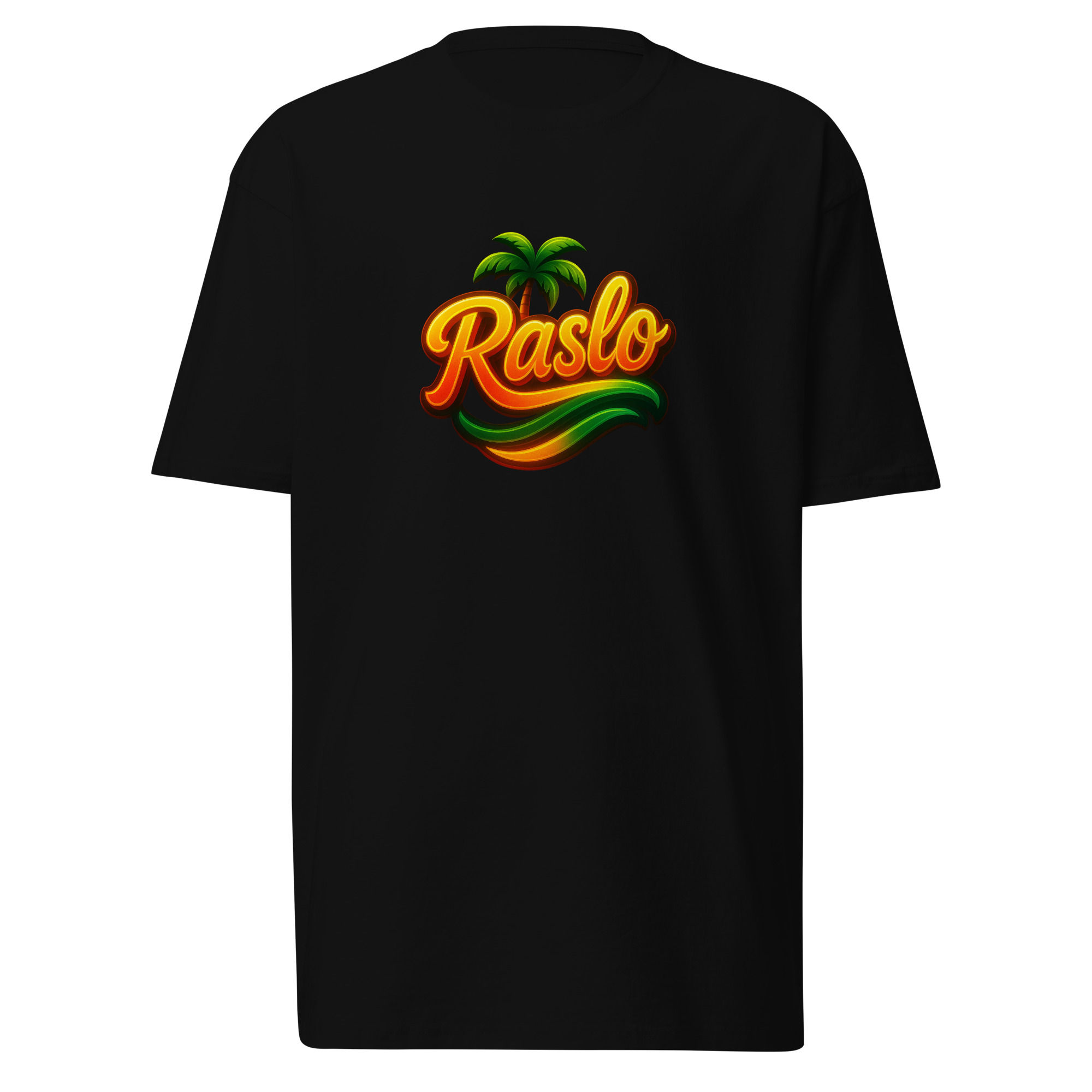 Black t-shirt with Raslo logo design on the back, Raslo Music.