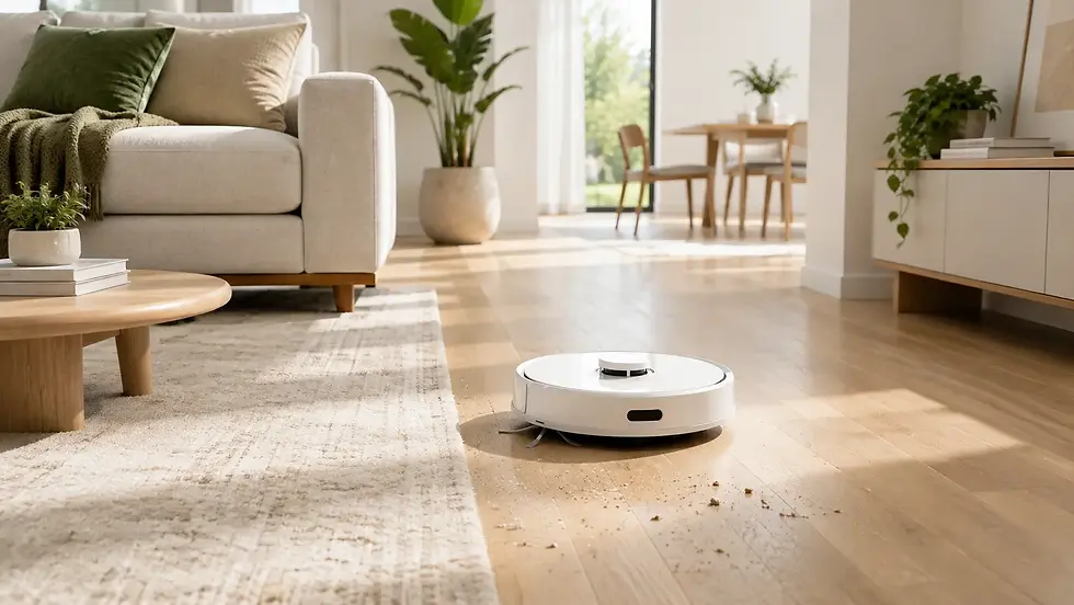 A white robot vacuum in the living room