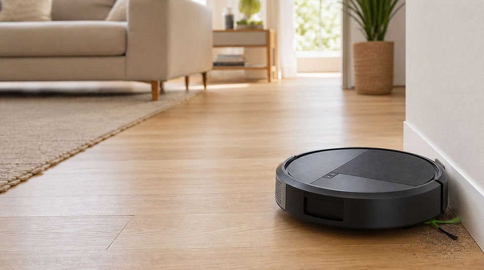 A black Roomba Plus robot vacuum cleans along a white baseboard in a modern living room, with its green edge-sweeping brush reaching into the wall corner.