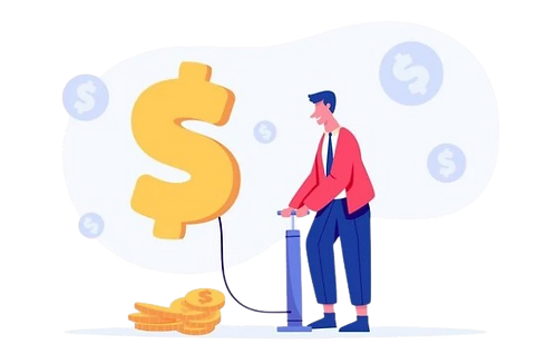 Ilustração com ícones de dólar e uma figura humana ao lado, simbolizando transações financeiras ou câmbio de moedas.