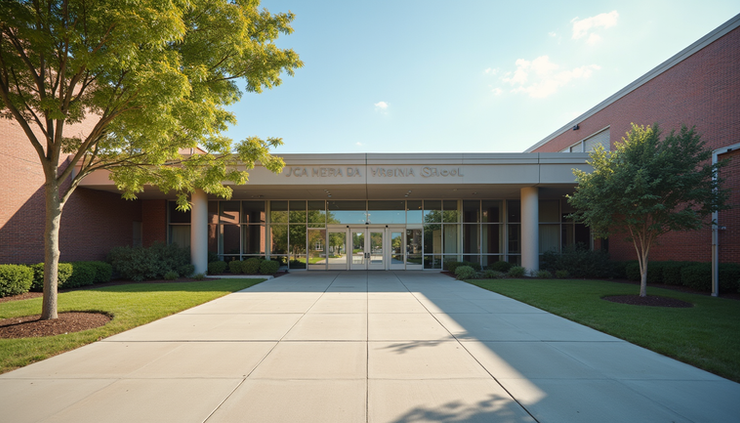 Eye-level view of a modern school building entrance in Virginia Beach