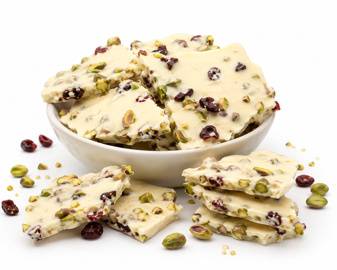 White chocolate bark with pistachios and cranberries