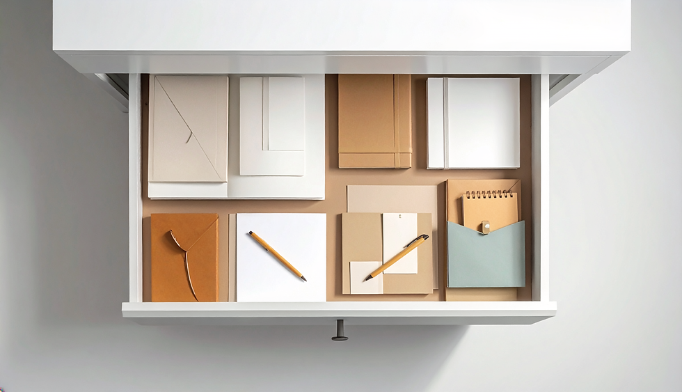 un cassetto con molti quaderni e blocchi