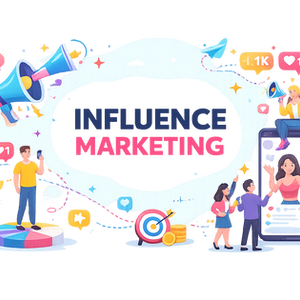 Illustration de marketing d'influence avec icônes réseaux sociaux.