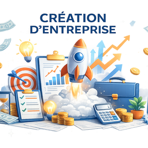 Illustration Création d'Entreprise avec fusée et outils business