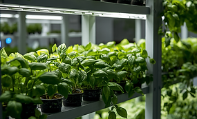 Prateleiras verticais com plantas de manjericão verde viçoso, iluminação artificial, ambie