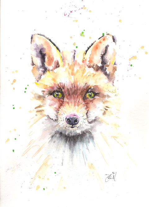 Watercolour painting of a fox's face. The fox has vivid yellow-green eyes and fluffy fur, with splashes of colour around, conveying a lively, artistic tone.